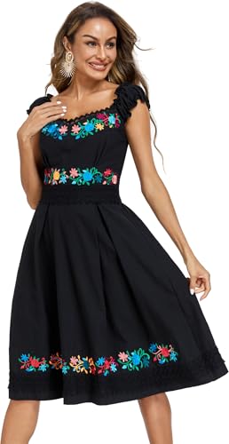 YZXDORWJ Mexican Dress for Women Embroidered Off Shoulder Peasant Cotton Dress Boho Outfit3