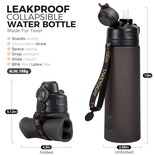 TakeToday Collapsible Water Bottles 20oz, Leak Proof, BPA-Free, Foldable Silicone Travel Water Bottle with Straw Strap for Cycling, Hiking, Outdoors2