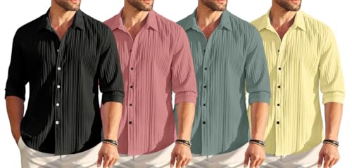 Image of FINIVO FASHION Combo of Men's Casual Cotton Plain Button Down Shirt Long Sleeve Textured Summer Beach Shirt for Men Pack of 4