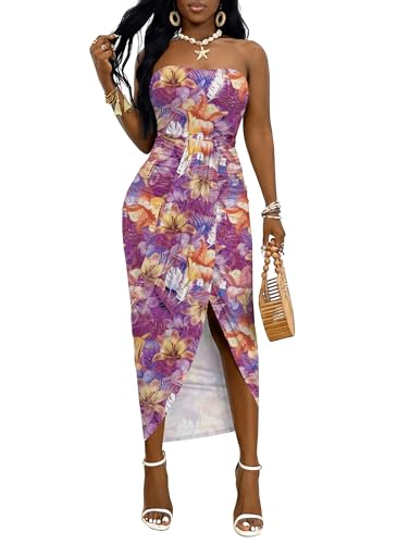 Image of Umenlele Women's Strapless Ruched High Waist Wrap Split Asymmetrical Beach Maxi Long Dress