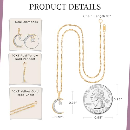 Jewelili 10K Yellow Gold Moon Star Pendant Necklace for Women | 1/10 CTTW Natural White Round Diamonds | 18" Rope Chain | Fine Jewelry with Gift Box | Timeless Fashion Jewelry Gift for Her3