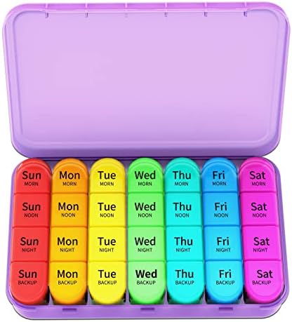 Zoksi Weekly Pill Organizer, 7 Day Pill Organizer 4 Times a Day, Travel Pill Box Case, Daily Portable Medicine Organizer, Medication Container with 28 Compartment (Purple)