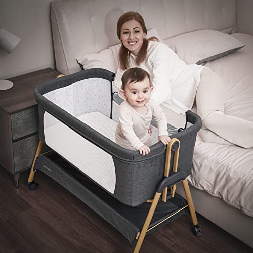 Angelbliss Baby Bassinet Bedside Sleeper, Easy Folding Bedside Crib With 100% Breathable & Washable Mattress Baby Bed, 6-Level Adjustable Portable Bassinets For Safe Co-Sleeping For Newborn Infant #TOP6