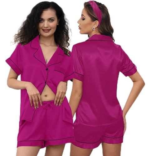Image of 3Pcs Silk Pajamas XS-4XL Womens Satin Pajama Short Floral Sleepwear Bride Soft Pj Lounge Sets Pjs Shorts Set