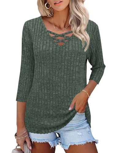 Heymiss Womens Sweaters 3/4 Sleeve V Neck Shirts Dressy Casual Blouses Loose Fit Tunic Tops Criss Cross