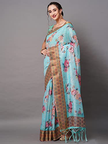 Image of AKHILAM Women's Ikat Linen Saree With Blouse Piece