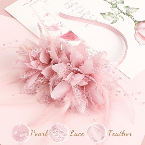 Image of DRESHOW Womens Fascinators Hats Tea Party Hats for Women Pearl Lace Feather Hat Vintage Derby Hats for Wedding Cocktail