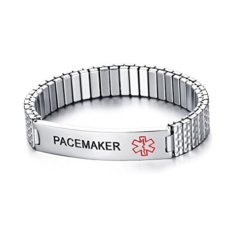 Mealguet jewelry PACEMAKER- Unisex Stainless Steel Medical Alert ID Tag Stretch Wristband Bracelet/Deep Black engrave Cover