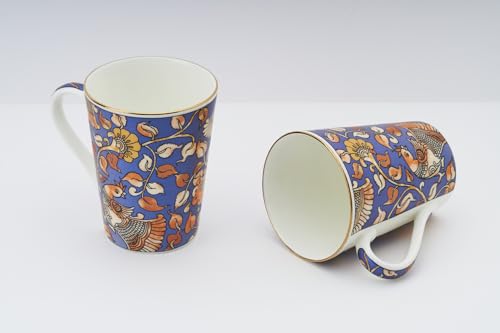 Image of GOLDEN QUEEN'S Mugs Set Of 2 For Coffee, Tea, Milk - Ideal For Your Daily Beverage Ritual, Hosting & Casual Gatherings | 24 K Gold On Rim - Kalamkari Hues In Blue, 300 Ml