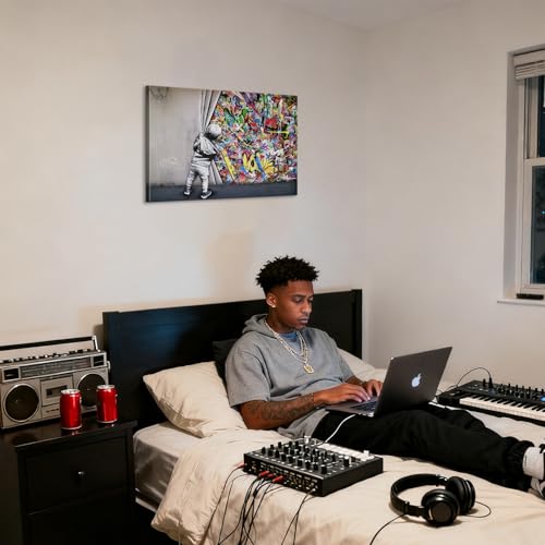 Banksy Wall Art Graffiti Canvas - 16x24 Inches Built-in Wooden Frame, Lightweight & Ready to Hang, Banksy Behind the Curtain Canvas Wall Art Street Prints for Office, Bedroom, Modern Home Decor