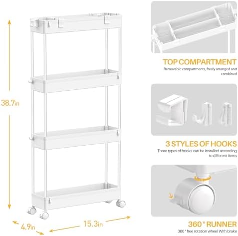 Slim Storage Cart 4 Tier,Bathroom Organizer Rolling