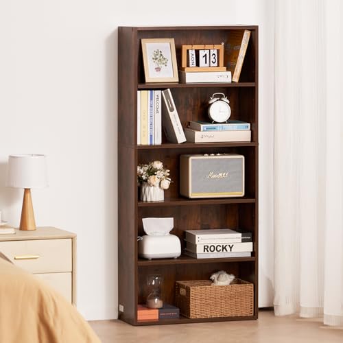 Image of VEVOR 5 Tiers Narrow Bookshelf, 53 in Wooden Open Bookcase with Height-Adjustable Shelf, Freestanding Tall Display Storage Floor Bookcase Bookshelf for Library, Bedroom, Living Room, Office, Brown