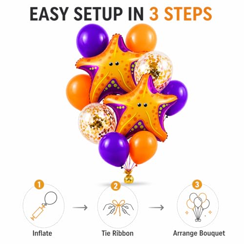 Image of Wanna Party Starfish Underwater Theme Balloon Set of 10 for Birthday Decoration | 2 Starfish Foil Balloons + 3 Purple + 3 Yellow + 2 Gold Confetti Balloons (12 Inch) | Ocean Sea Party Decor Supplies