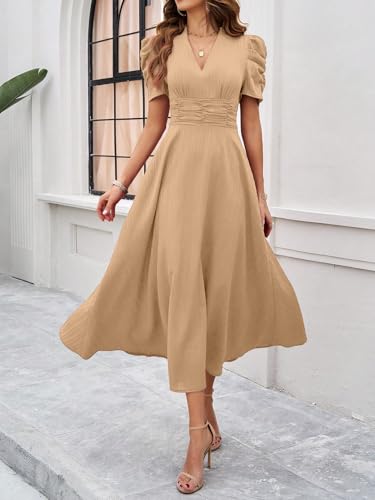 Image of Shasmi Girl's & Women's Solid Color V-Neck A-Line Maxi Dress for Women | New Year Party Outfit | Waist Cinched Puff Sleeve Western | Elegant Casual Wear (Dress 246)