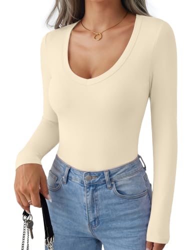 Ekouaer Womens Deep V Neck Long Sleeve Shirts Basic Thermal Tops Beige - image 1