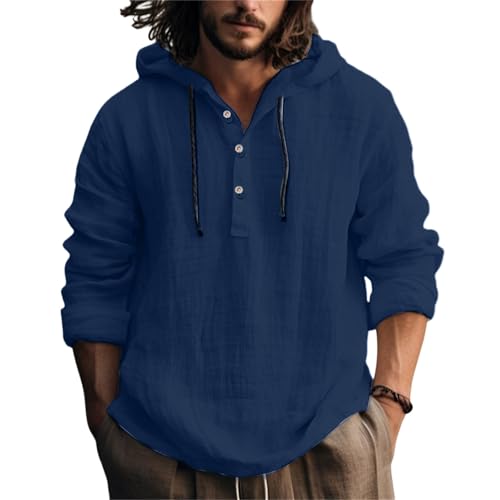 Linen Hoodie Men Lightweight Long Sleeve Button Down Shirts with Hood Summer Trendy Plain Drawstring Hooded Shirts