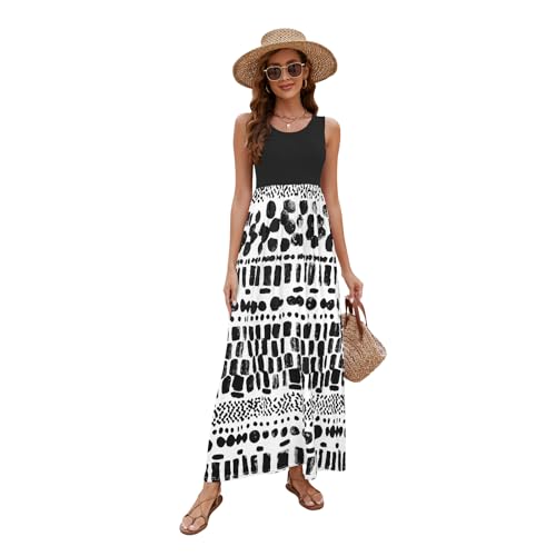 Image of Sherosa Women Boho Chevron Striped Floral Printed Summer Sleeveless Tank Long Maxi Party Dress