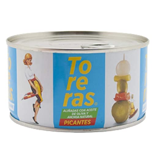 TORERAS - 2er Pack - Grüne Oliven, Paprika, Gurke, Zwiebeln in nativem Olivenöl - Essiggurken Oliven, Aufgespießtes Gemüse in Essig, Konserven Aufbackbrötchen, Spanien Aperitif - Pikanter Geschmack