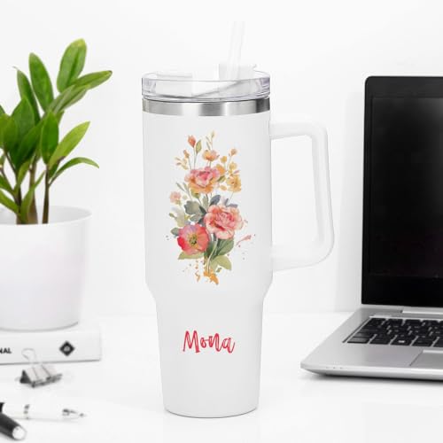 Image of IGP Custom Name Floral Travel Tumbler | Same Day Delivery | 1200 Stainless Steel Insulated Mug with Reusable Straw & Easy-Grip Handle | Perfect Birthday & Mother‚ Day Gift for Her