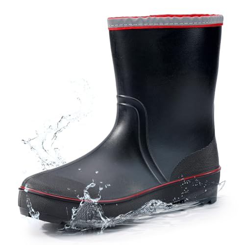 Image of mens rain boots waterproof work boots for men mid-calf deck bootie comfortable garden shoes lightweight chelsea bootie for Gardening Fishing Boating Camping Sailing red&black