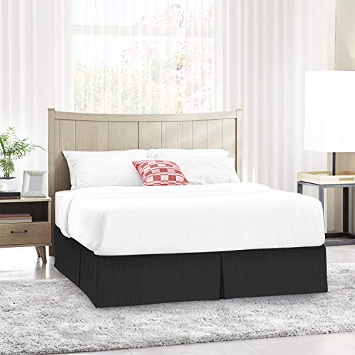 Image of Nestl King Bed Skirt - Damask Dobby Stripe Wrap Around Bed Skirt King Size - Double Brushed Microfiber 14 in Tailored Drop Pleated Bed Ruffle with Bed Skirt Pins - Black