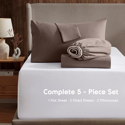 Image of Nestl Split King Bed Sheet Set - Chocolate Brown - 5-Piece Deep Pocket | Instantly Soft, Night-One Ready (No Wash Required). Fits 16-Inch Deep Pockets, 360-Degree Elastic Grip