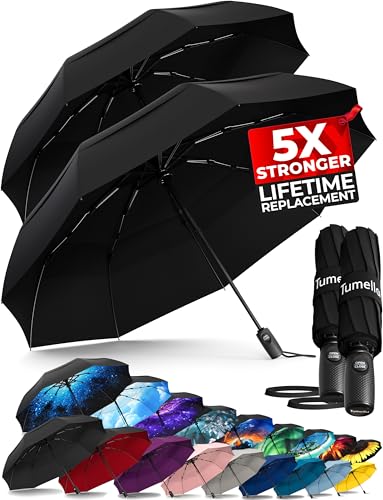 Image of TUMELLA Strongest Windproof Travel Umbrella (Compact, Superior & Beautiful), Small Strong but Light Portable and Automatic Folding Rain Umbrella, Durable Premium Grip, Fits Car and Backpack