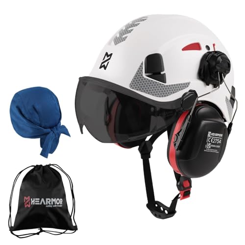 HEARMOR ANSI Z89.1 & EN397 Certified Safety Helmet/Hard Hat with Ear Protection, Lightweight Vented Work Helmet Kit