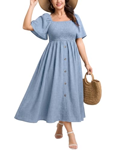 Image of Plus Size Casual Maxi Boho Dress for Curvy Women Short Sleeve Square Neck Smocked Summer Beach Dresses Button Down