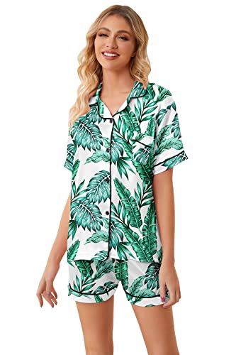 Image of Umeyda Women & Girls Pajamas Set, 2 Piece PJS Satin Silk Sleepwear Button-Down Top with Shorts for Mom Kids Gifts