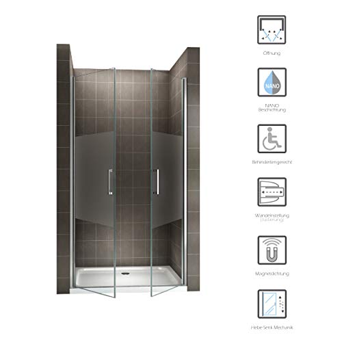 i-flair Duschtür LARA 77x180 cm Verstellbereich von 77-80 cm, Höhe: 180 cm, Duschabtrennung aus 6 mm teilsatiniertem ESG Sicherheitsglas mit Nanobeschichtung und Edelstahlgriffe - Alle Größen NM