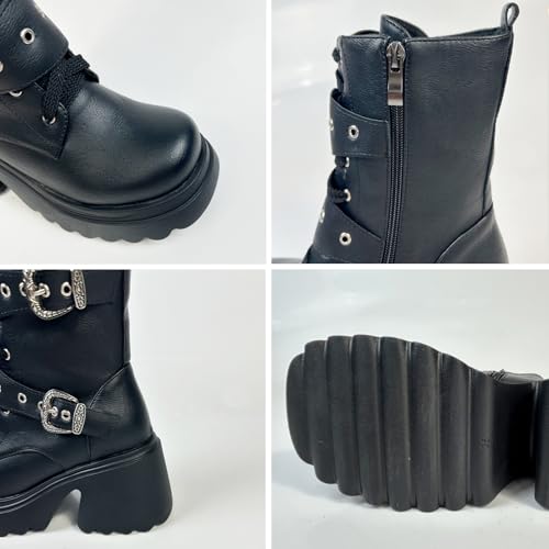 Image of FOREADA Goth Boots Chunky Heel Boot For Women Ankle Combat Booties Black Platform Bootie Buckle Rivets Punk Goth Shoes With Zipper