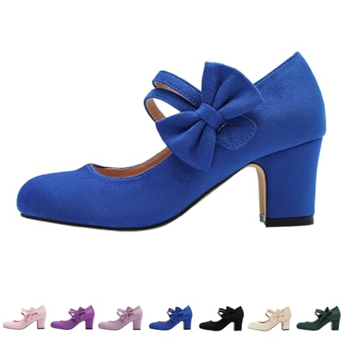 Escarpins Mary Jane en daim synthétique bleu avec nœud délicat, qualité vintage premium