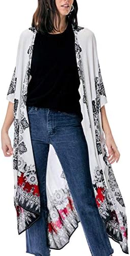 MayBuy Long Kimonos for Women Boho Style Kimono Jacket Resort Wear Cover Up (White5, L)