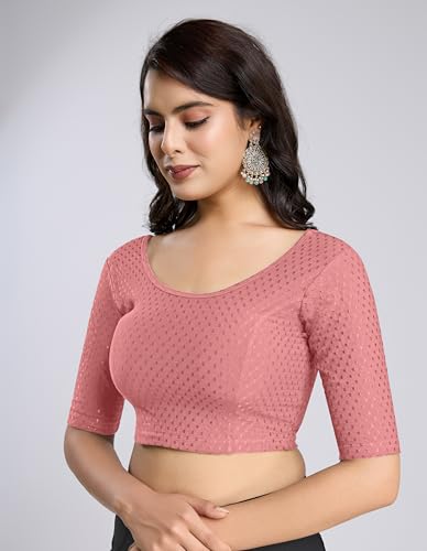 Image of TRENDMALLS Women's Dobby Pure Cotton Elastin Stretchable Readymade Round Neck Elbow Length Sleeves Blouse Choli Stylish Saree Blouse Ready to Wear