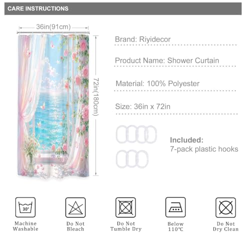 Image of Riyidecor Pink Ocean Roses Shower Curtain 36Wx72H Inch Small Stall Beachy Coastal Floral Flower Pretty Butterfly Hawaii Summer Scenery Beachside Bathroom Decor Fabric Polyester Waterproof 7 Pack Hooks