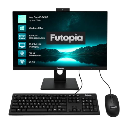 Image of Futopia 23.8 inch FHD IPS All-in-One Desktop | Intel Core i3-14100 (Up to 4.7 GHz) | 8GB RAM | 256GB NVMe SSD | Pop-up FHD Webcam | Wi-Fi 6 | Windows 11 Pro with Office | Wired Keyboard & Mouse Included
