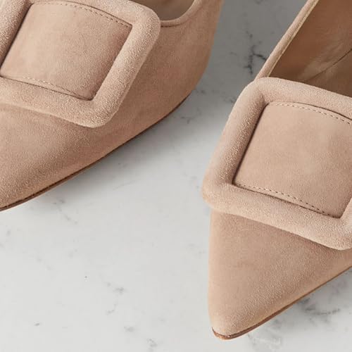 Women's Sexy Pointed Toe Ballet Flats Fashion Suede/Crocodile Slip On Dressy Flats Closed Toe Evening Wedding Office Low Heel Shoes for Women Nude Suede Size 8.54