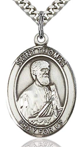 Heartland Store Men's Pewter Oval Saint Thomas the Apostle Medal + 24 inch Rhodium Plate Chain & Clasp| USA Made
