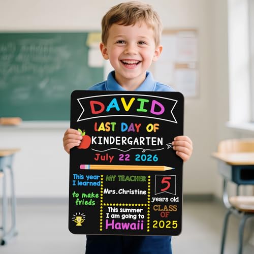 Image of First & Last Day of School Board, 10.3 x 13 Inch Double Sided Back to School Sign for Kids /Girls /Boys, Reusable Wooden 1st Day of Preschool /Kindergarten Chalkboard