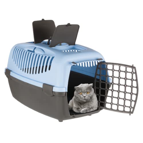 Image of Trixie Capri Durable Plastic Pet Carriers with Handles, Storage Trays, and Stroking Flaps (Dark Grey /Pastel Blue, XS-S, Capri 2)