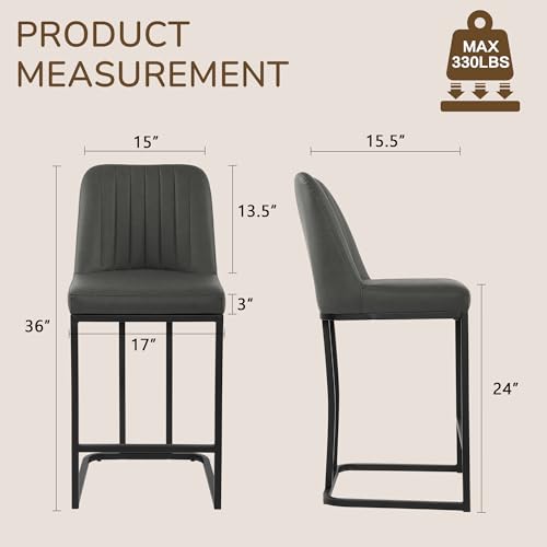 Image of LSSBOUGHT Counter Height Bar Stools Set of 2 24'' Upholstered Padded Barstools with Back Glam Kitchen Island Chairs with Black Metal Iron Frame (Gray,2pcs)