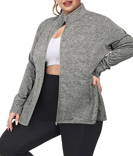 Hanna Nikole Women Full Zip Lightweight Casual Athletic Jacket Plus Size With Zip Pockets Grey 1X #TOP27