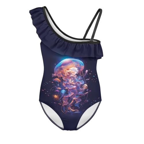 Girls One Piece Bathing Suit Size 3-14 Casual Summer Ruffle Swimsuit Trendy One-Shoulder Swimwear with Strap