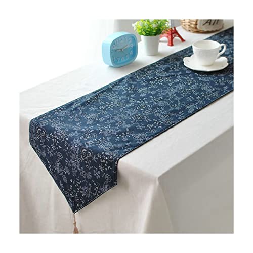 Chemin de table en ramie bleu foncé orné de pompons floraux de haute qualité 30x22 cm