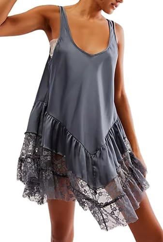 Image of Luckinbaby Women Y2k Mini Dress Lace Flowy Short Tank Dress Backless Ruffle Spaghetti Strap Sleeveless Slip Under Dress