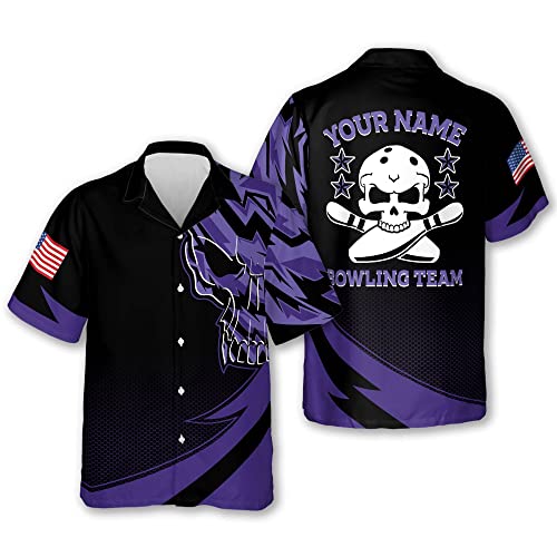 Personalized Bowling Shirts, Bowling Jerseys for Men, Hawaiian Shirt for Men, Custom Skull Purple Bowlers Shirts, Vintage Short Sleeve Button Down Casual Apparel with Team Name
