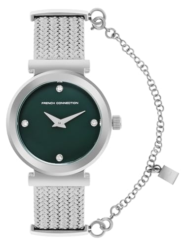 Image of French Connection 2 Hands Green Round Dial Stainless Steel Mesh Strap | Casual | Premium | MOP Dial with Stones Feature | Wrist Watch for Women - FCH8SM