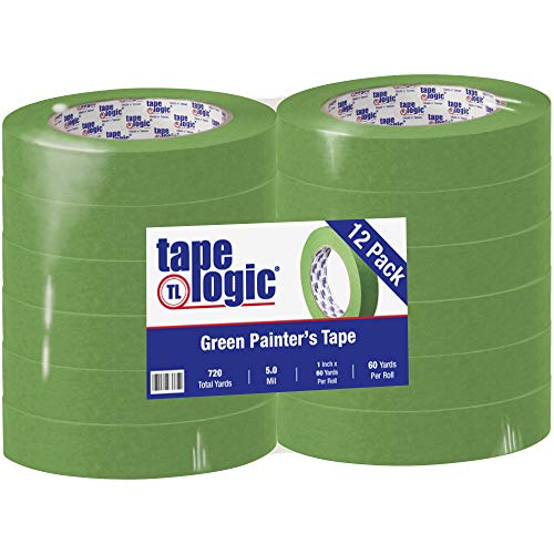 Image of Tape Logic (12 Pack) Premium Green Painter's Tape, 1 Inch x 60 Yards, for Hard to Stick Surfaces, Sharp Paint Lines, Easy Removal and Residue Free