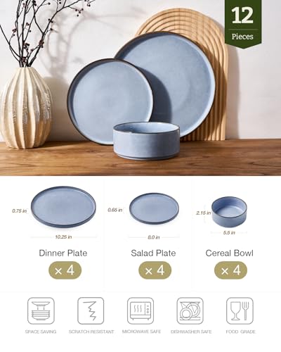 Image of Famiware Annecy Plates and Bowls Sets, 12 Pieces Dinnerware Sets, Microwave and Dishwasher Safe Dishes Set for 4, Chip and Scratch Resistant, Reactive Blue